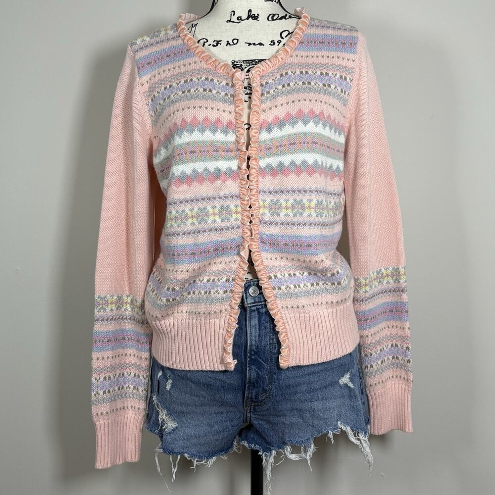 Vintage Crazy Horse Pink Knit Fair Isle Ruffle Trim Cardigan L Cottagecore Y2K